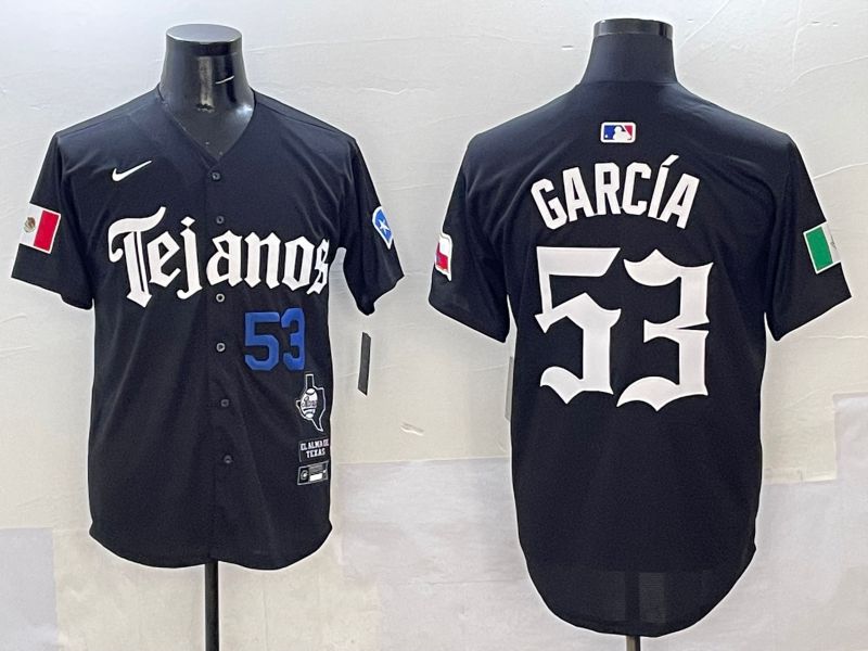 Men Texas Rangers 53 Garcia Black Five generations Joint Name 2025 Nike MLB Jersey style 2